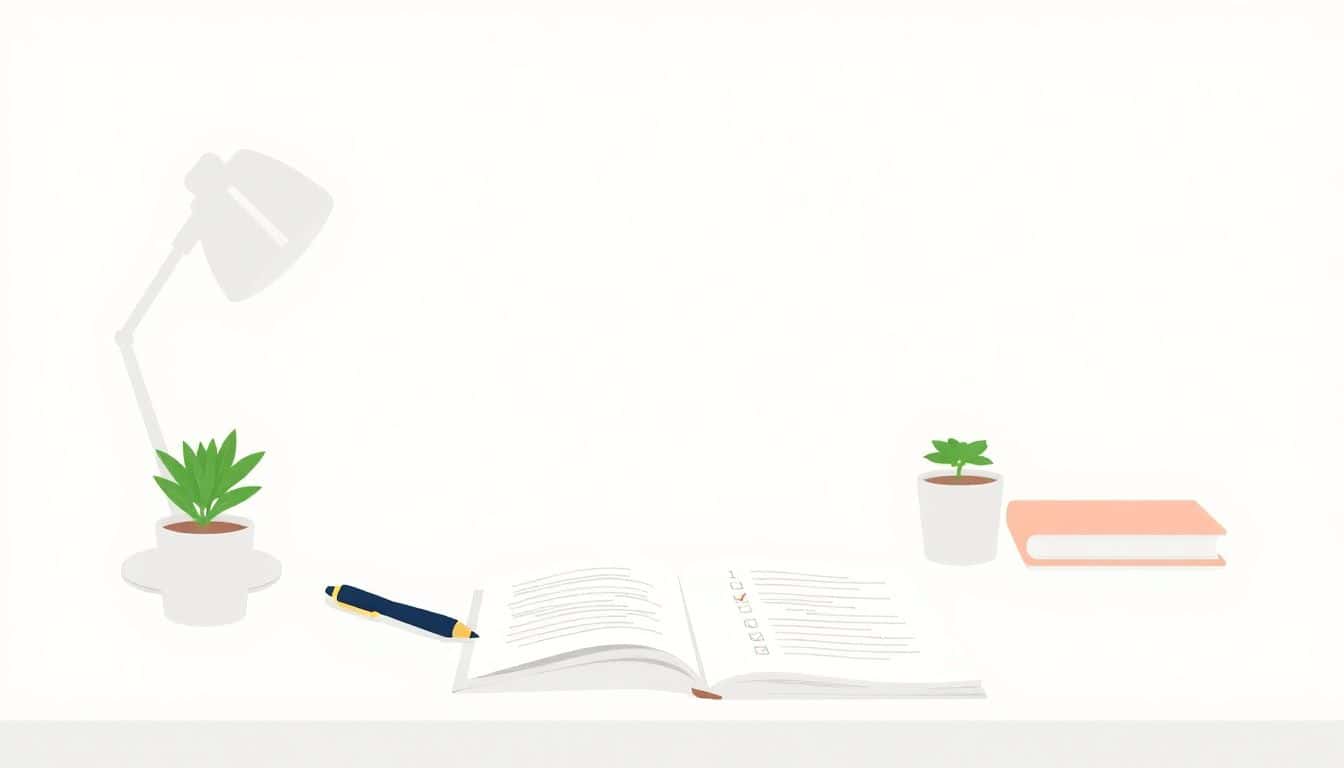 Minimalist illustration of a clean writing workspace featuring a neat desk with an open notebook, a pen, and a small plant, designed in soft, calming colors.