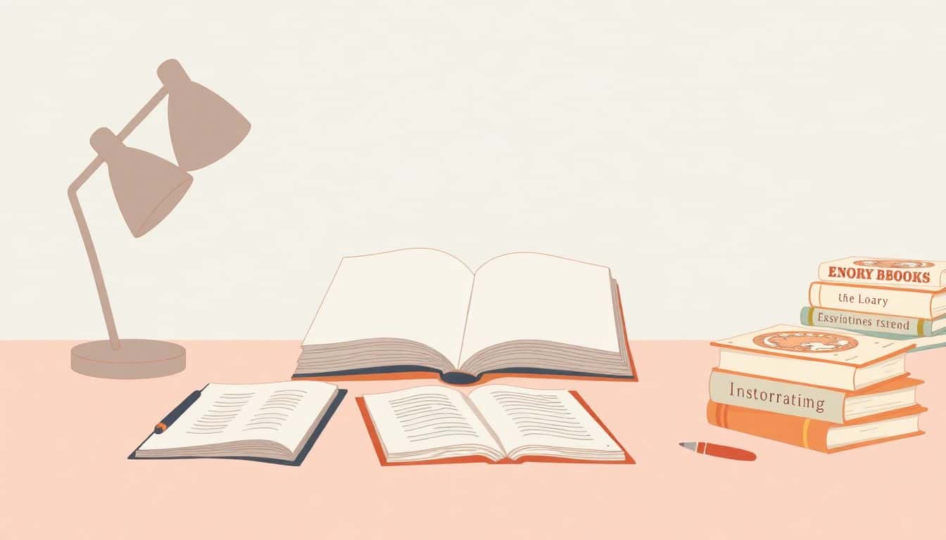 Minimalist illustration of a cozy desk with an open notebook, a fountain pen, and a small stack of illustrated storybooks, featuring soft colors and clean lines against a calm background.