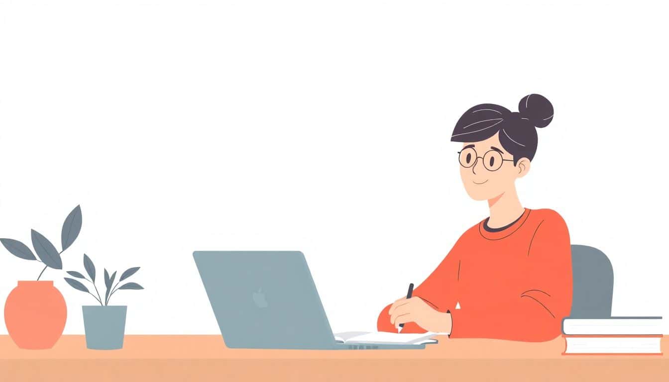 Illustration of a person confidently writing a nonfiction ebook with a laptop and notebook, surrounded by minimalist design elements in soft colors, evoking clarity and creativity.