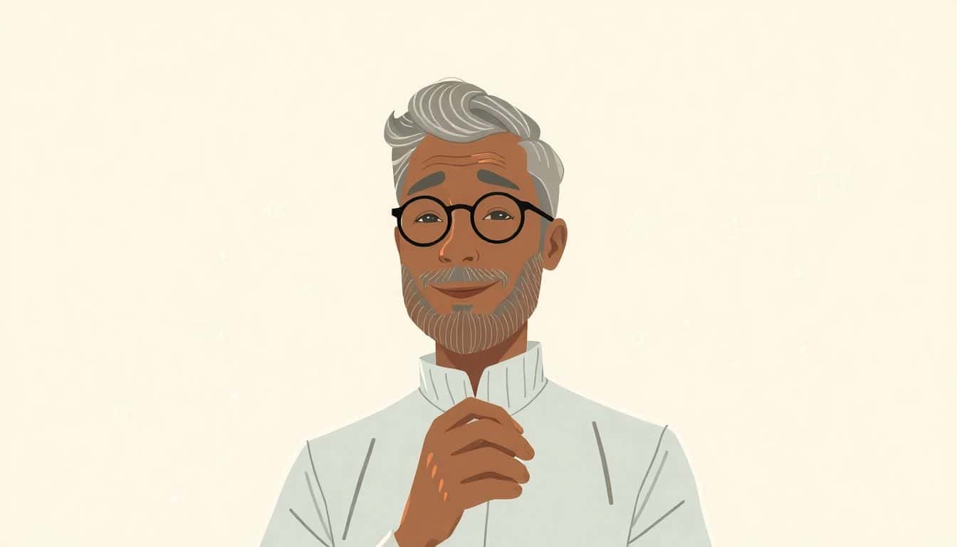 Illustration of a wise, friendly writer surrounded by glowing abstract digital elements, showcasing the blend of human creativity and AI assistance in soft colors against a clean background.