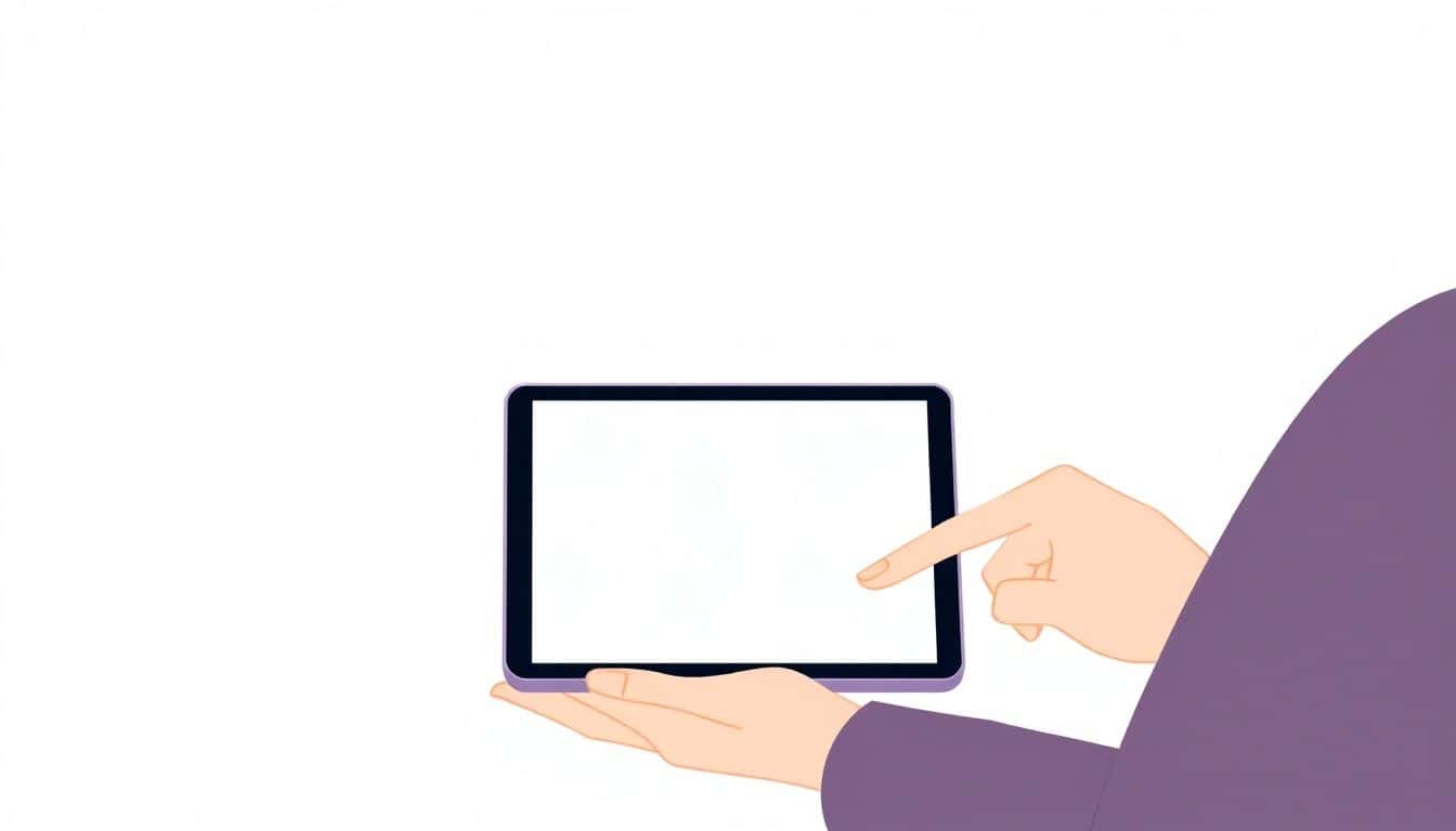 A person confidently presenting an audiobook on a sleek digital device against a minimalist background.