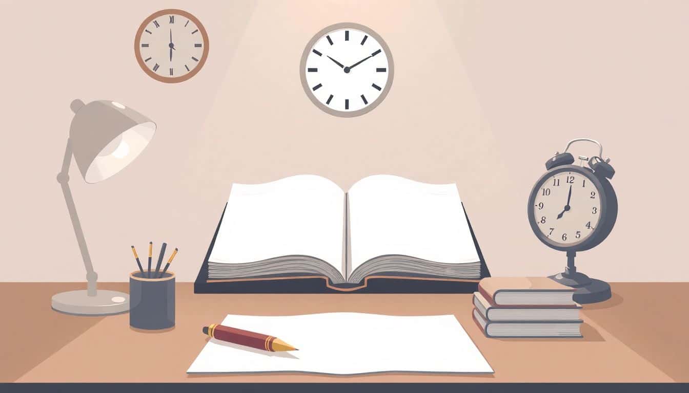 A minimalist illustration of a writer's desk featuring an open notebook, a vintage pen, a clock, and a soft glow, with a focus on clarity and storytelling.