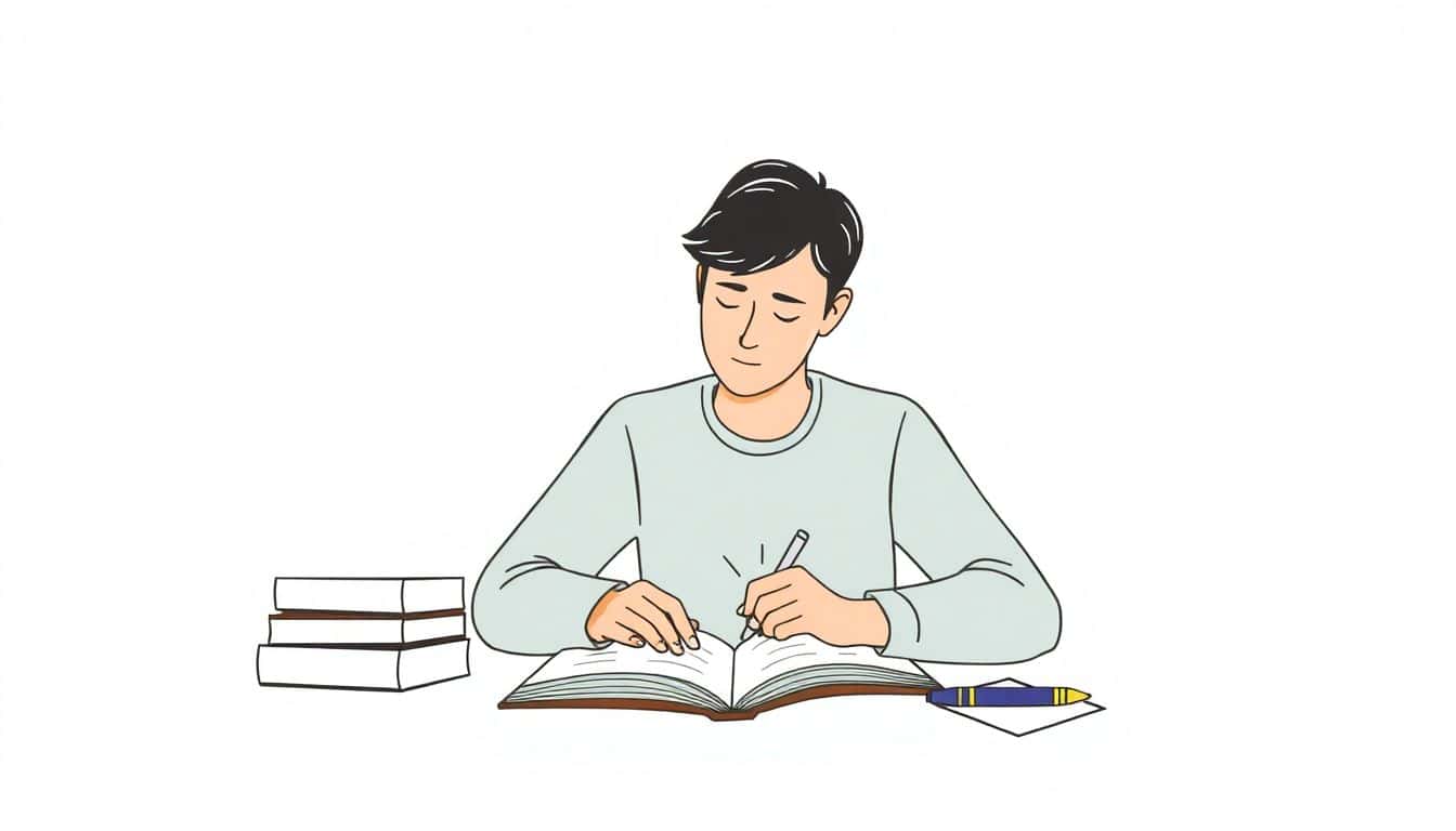 Illustration of a person reading or writing with a notebook and pen, surrounded by a calm, minimalistic environment in soft colors.