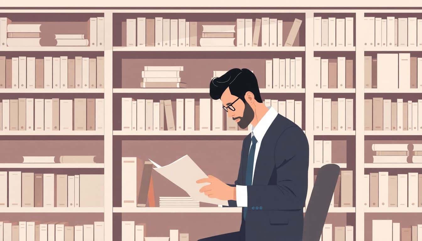 A professional author or editor working at a tidy desk near a minimalist bookshelf filled with organized books, illuminated by soft lighting.