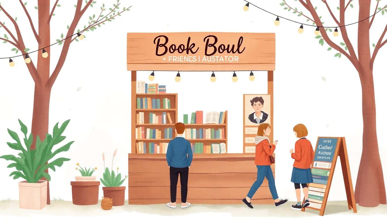 A cozy outdoor book booth with a welcoming bookshelf, a friendly author profile, and eager readers browsing and buying books, illustrated in soft colors with a minimalistic, watercolor-inspired style.