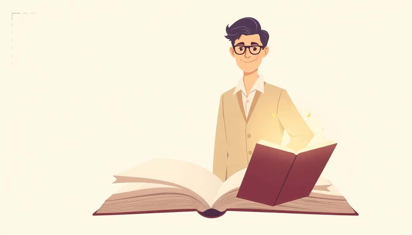 Confident author standing beside an open book emanating a warm glow, set against a clean and subtle background.