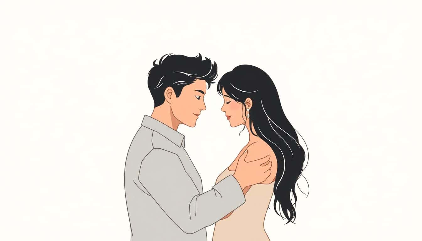 A minimalist illustration of a couple sharing a tender moment, surrounded by soft lighting and a warm, romantic atmosphere, with clean lines and an abstract background.