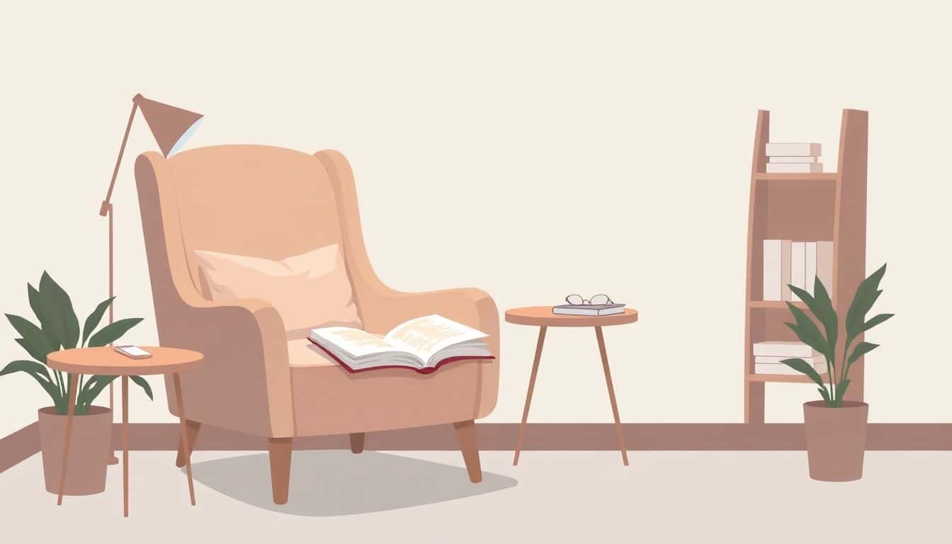 Minimalistic illustration of a cozy reading space featuring an armchair, small side table with an open book, and soft lighting in calming colors.
