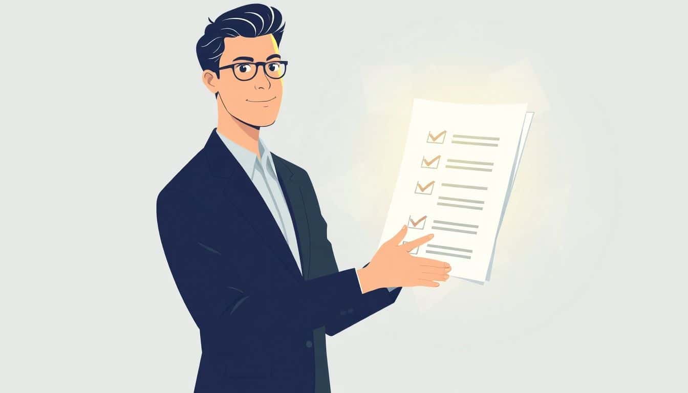 A calm, confident professional holds a glowing document or checklist, set against a subtle abstract background, conveying clarity and reassurance through minimalistic design in light blues and whites.