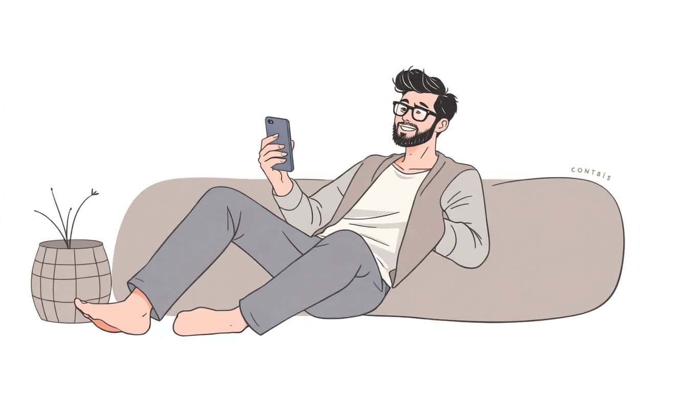 A confident author relaxing with a smartphone, looking inspired amidst a clean, minimalist background with soft colors and subtle hints of Instagram.