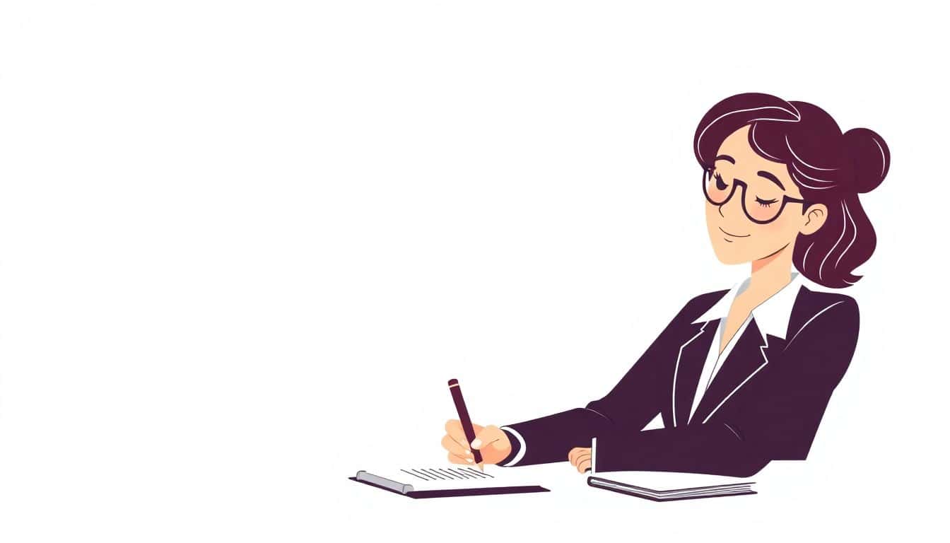 A confident person reviewing legal disclaimers, surrounded by a notepad and document icon, on a clean, minimalist background in soft colors.