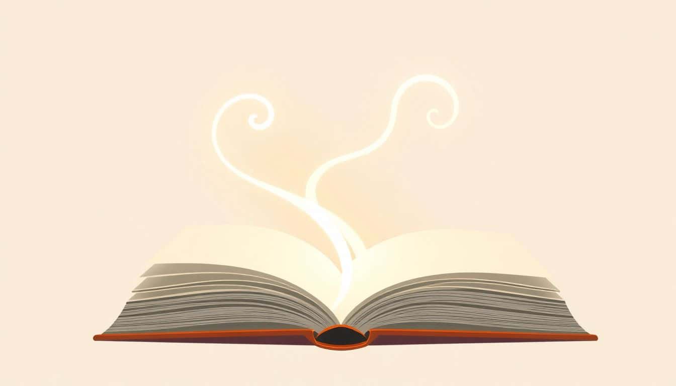 Minimalist illustration of an open book with a glowing, swirling path emerging from its pages against a clean background.
