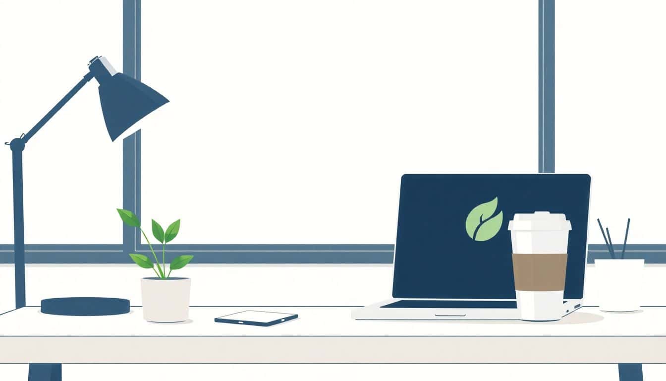 Minimalist illustration of a modern eco-friendly workplace featuring a sleek desk, a small potted plant, a laptop with a leaf icon, and a reusable coffee cup.