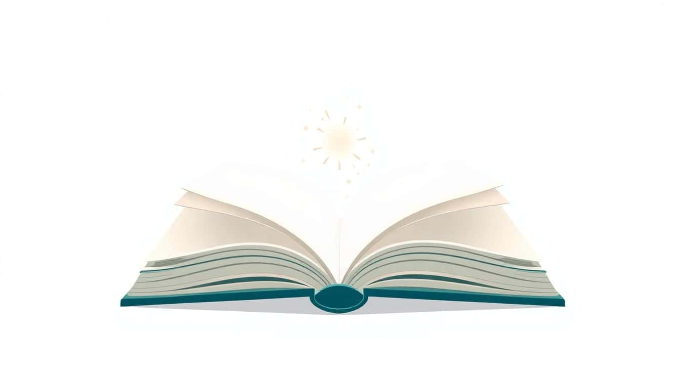 Minimalist illustration of an open book with a subtle glow and sparkles emerging from its pages, set against a clean background in soft pastel blues and greens, symbolizing inspiration and engagement.
