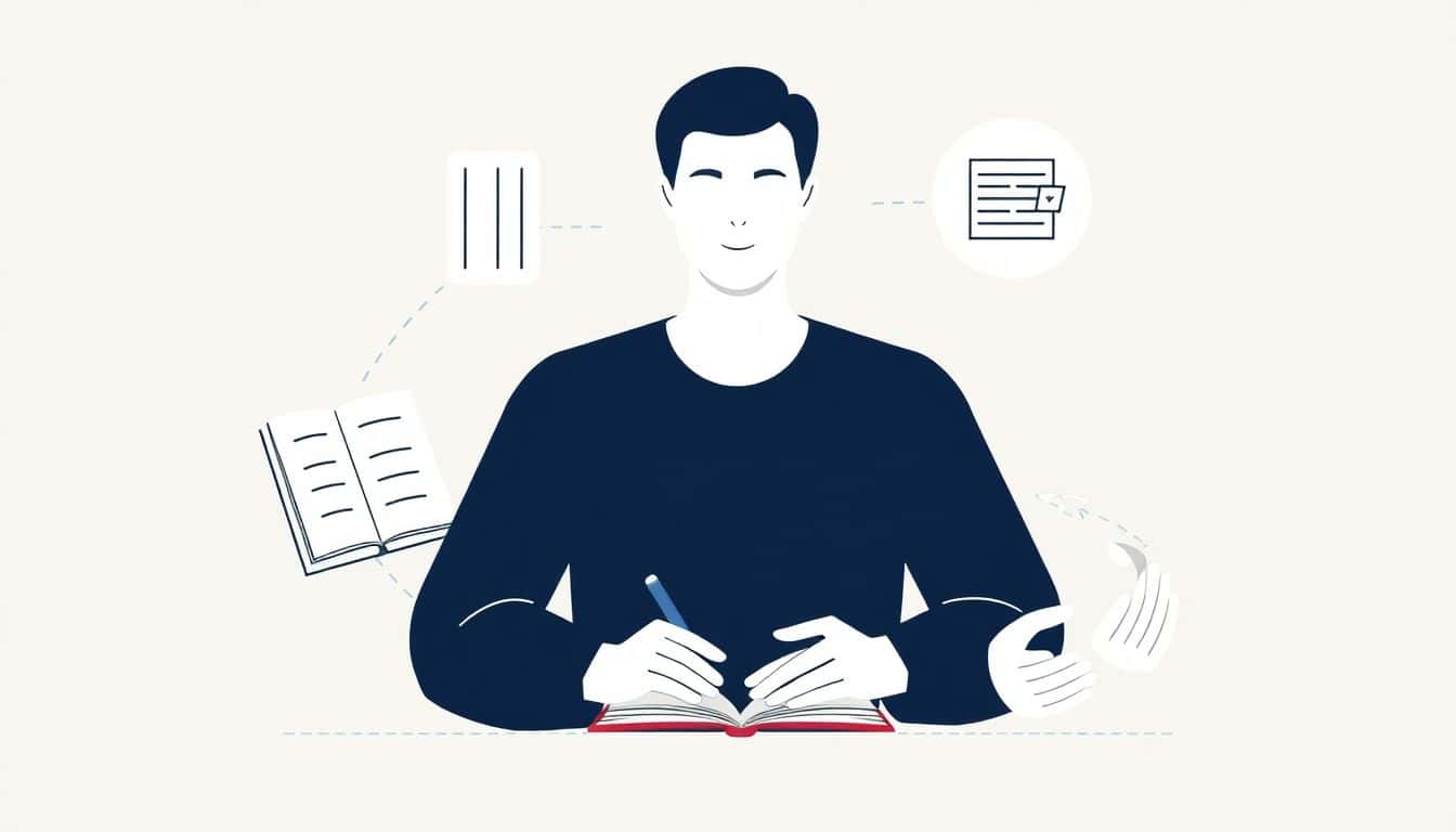 Minimalistic illustration of a writer surrounded by symbols of diverse income streams: a book, a digital course icon, and collaborative hands, all within a soft color palette and elegant lines.