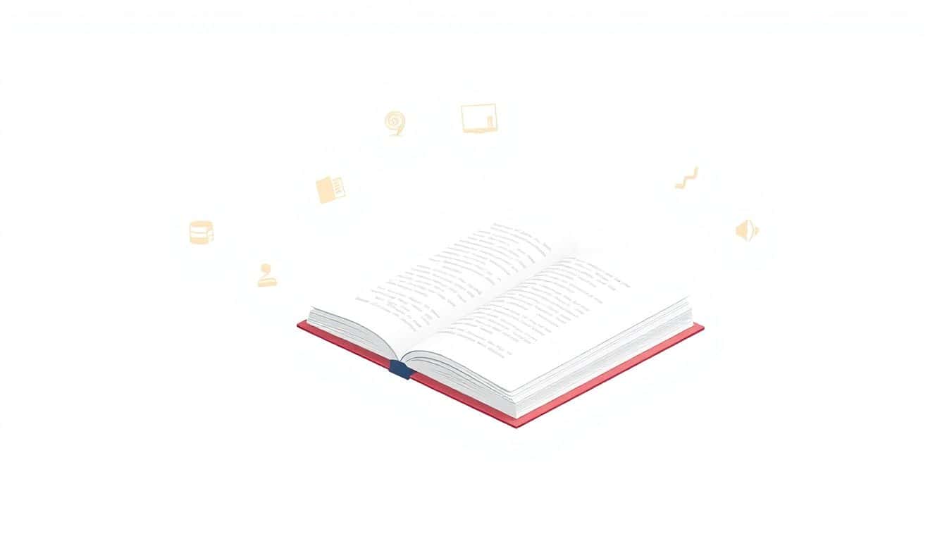 Minimalist illustration of a modern digital book surrounded by glowing icons of various publishing tools and formats on a neutral background.