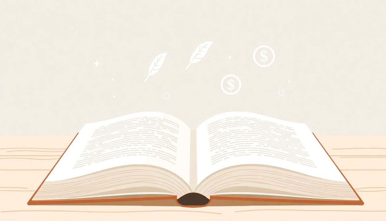Illustration of a clean open book with floating icons representing publishing concepts, including a quill, magnifying glass, and dollar sign, in soft muted colors.