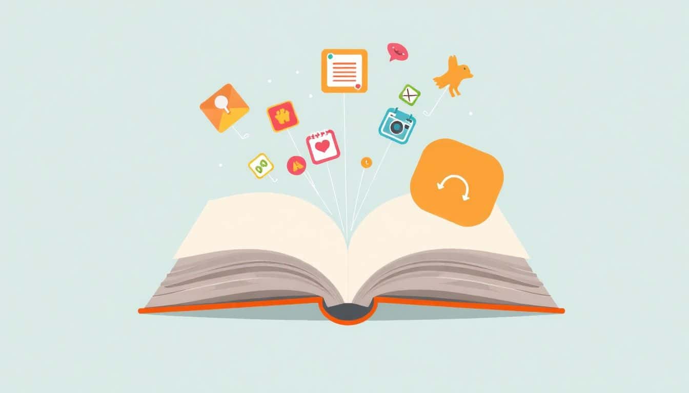 Illustration of an open book or digital device with colorful icons representing quizzes, visuals, and personalized elements emerging, set against a clean background in soft colors.