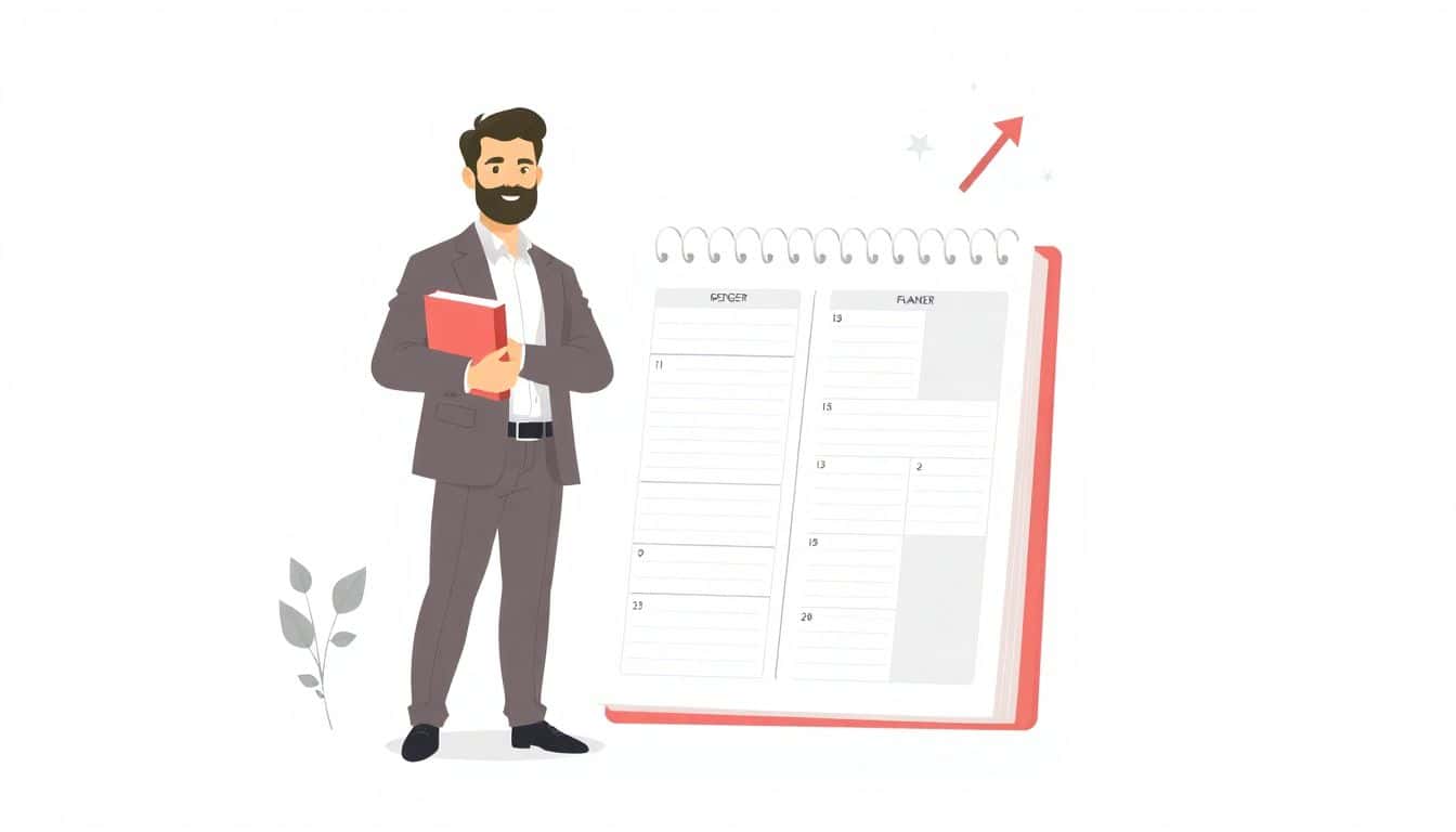 Minimalist illustration of a confident publisher standing beside an open financial planner, with a simple background featuring a small plant and upward arrow, evoking a sense of growth and organized planning.