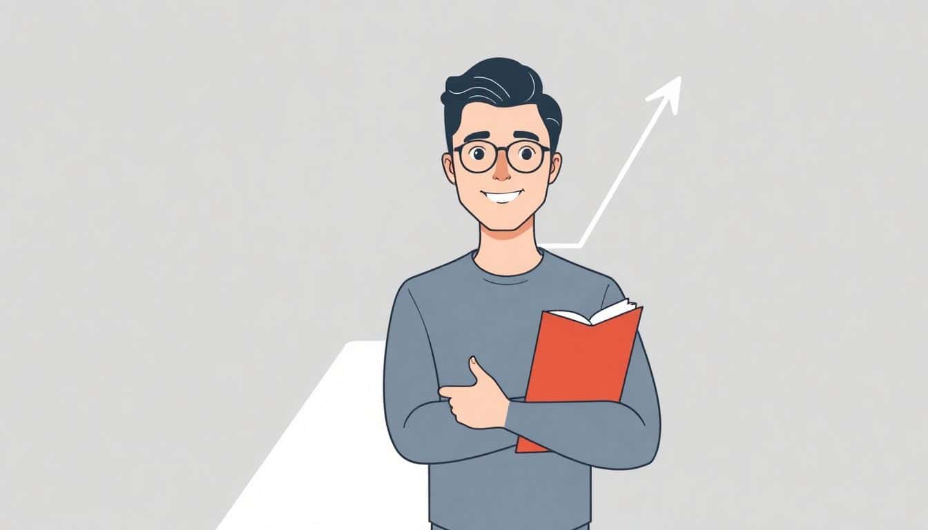 Illustration of a confident author holding a book in front of a simple abstract chart representing sales projections, featuring clean lines and soft colors.