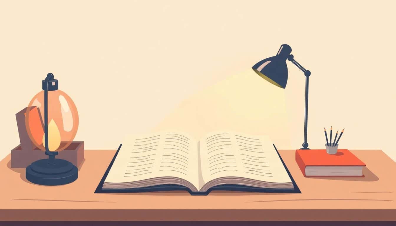 Minimalist illustration of a cozy writer’s desk with an open notebook and a softly glowing lamp, set against a calm background.
