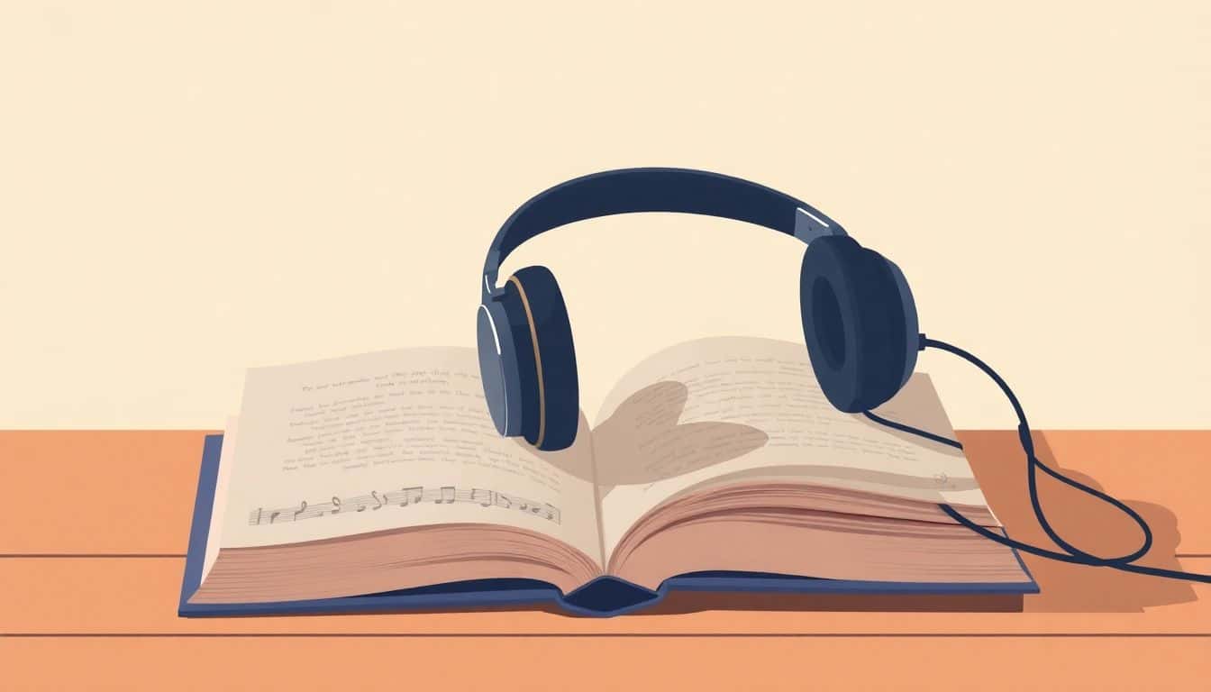 Illustration of a sleek pair of headphones resting on an open book, set against a soft, warm-toned background.