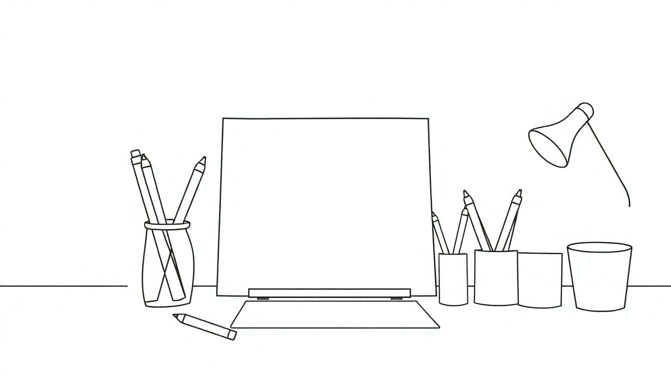 A minimalistic illustration of a clean workspace featuring a sketchpad, artistic tools like pencils and markers, and a cozy, inviting environment, designed for a coloring book.