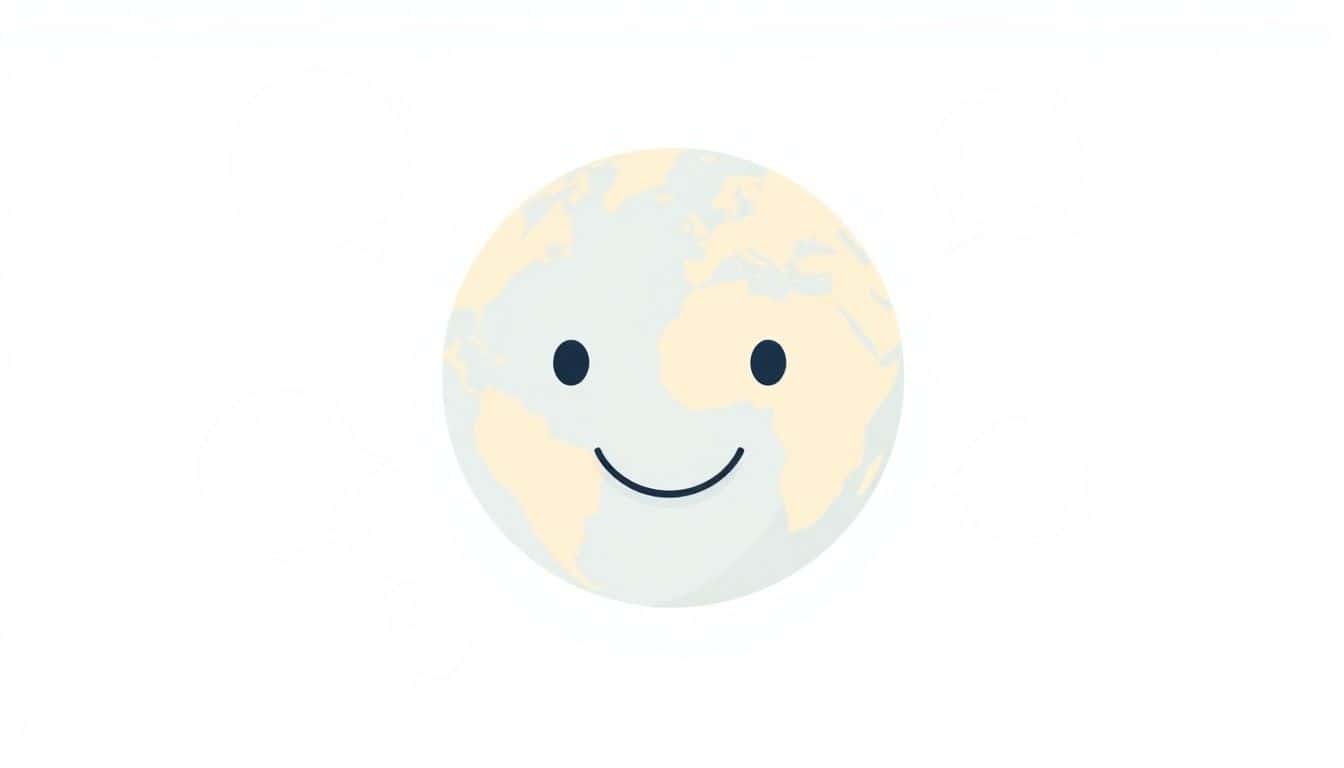 Minimalist illustration of a friendly globe surrounded by interconnected speech bubbles, representing global communication, in soft colors and clean lines.