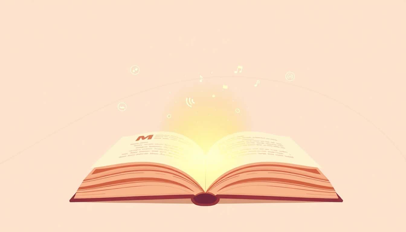 Minimalist illustration of an open book with a glowing excerpt emerging from its pages, set against a simple background featuring subtle social media icons and audio waves, all in soft colors and clean lines.