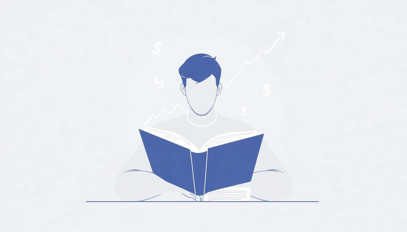 Illustration of a person reading a book surrounded by symbols of earning, such as dollar signs and a rising graph, on a clean, minimalist background.