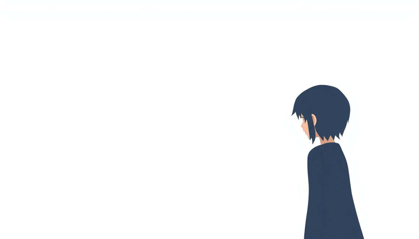 A minimalist illustration of a character with a contemplative expression, set against a clean background, conveying internal struggle through subtle visual cues like a faint shadow and a symbolic object.