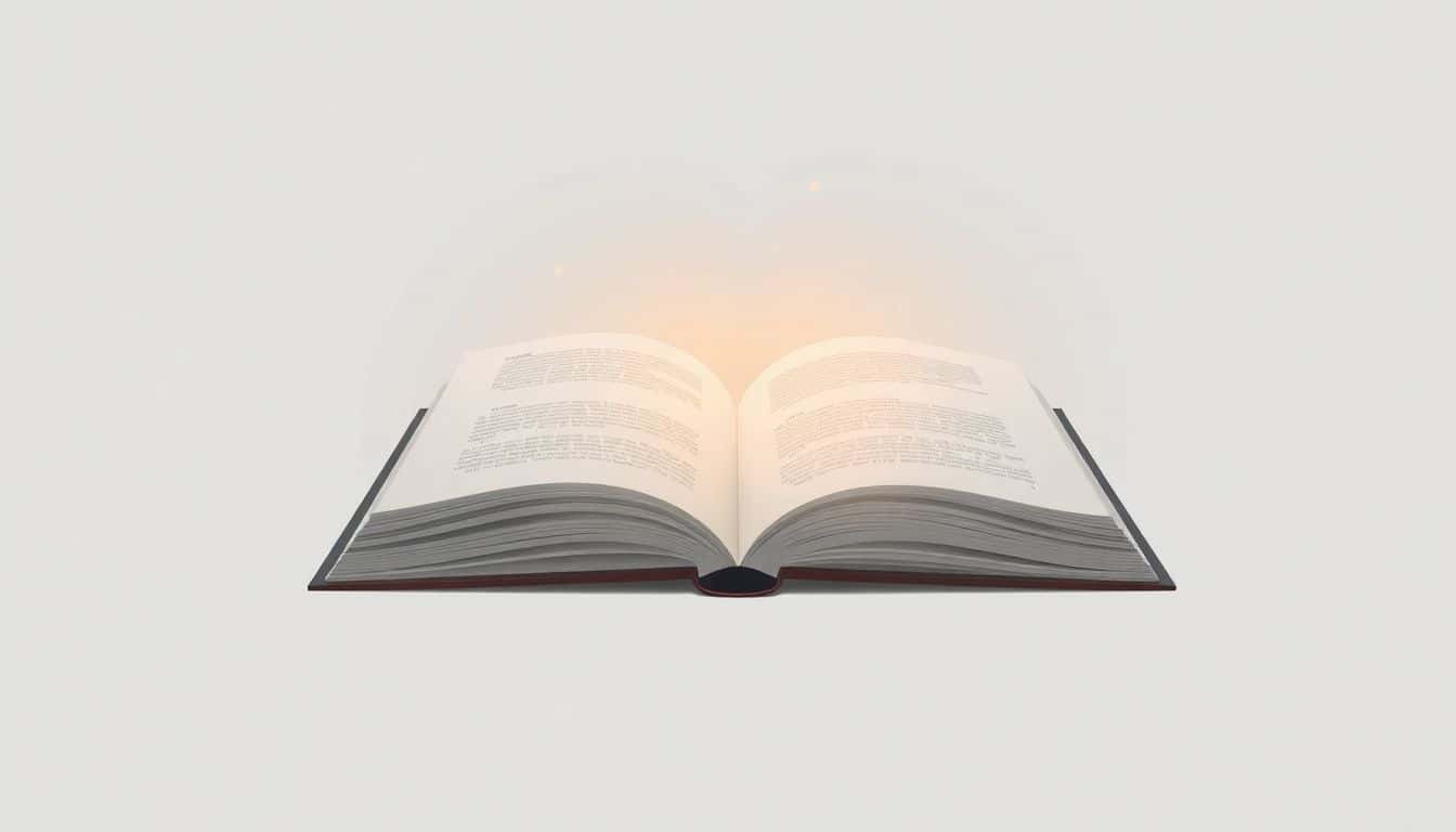 A minimalist illustration of an open book emitting a soft, glowing light from its pages, set against a clean, muted background.