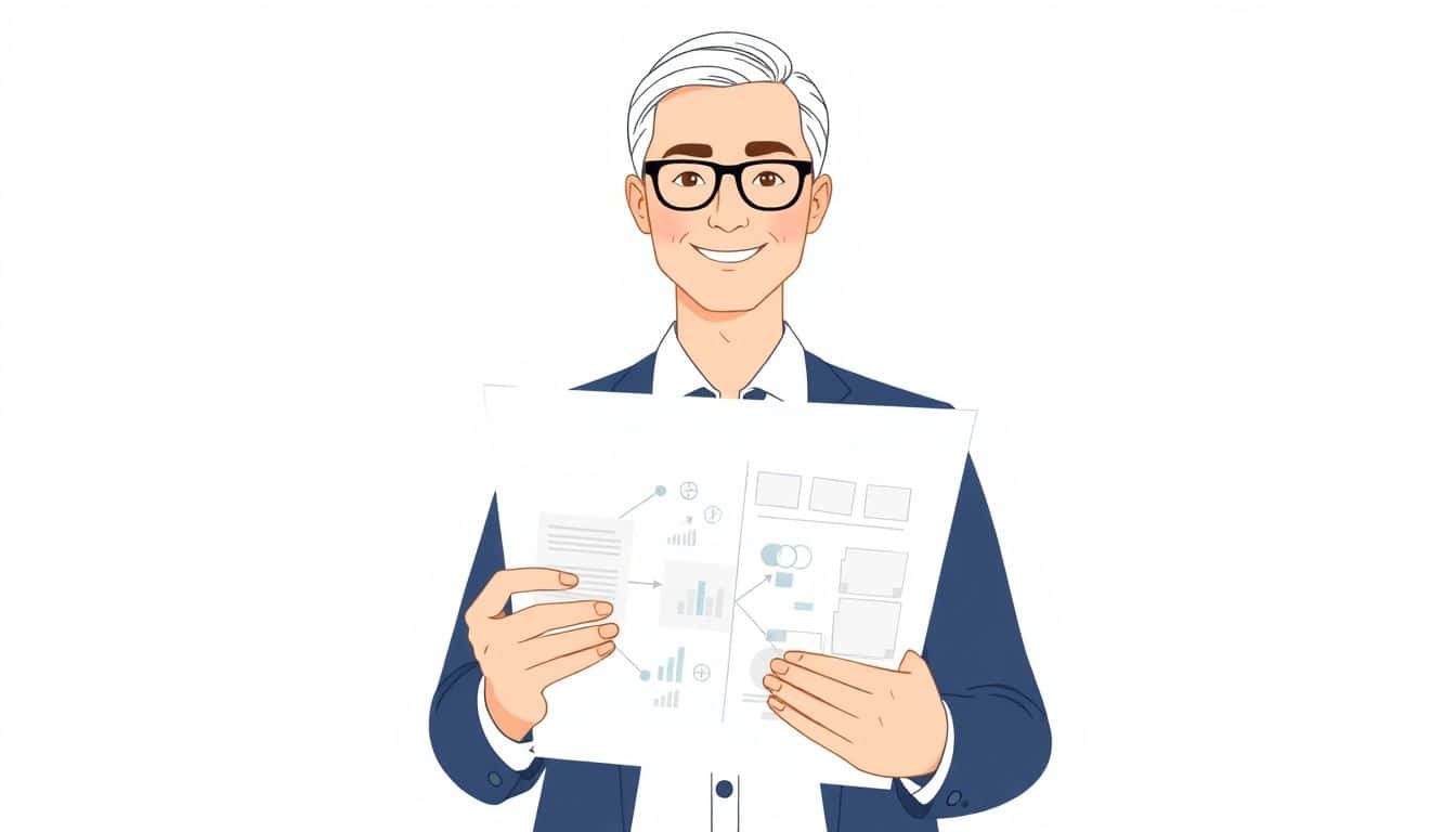A confident consultant holding a clear blueprint on a minimalist background.