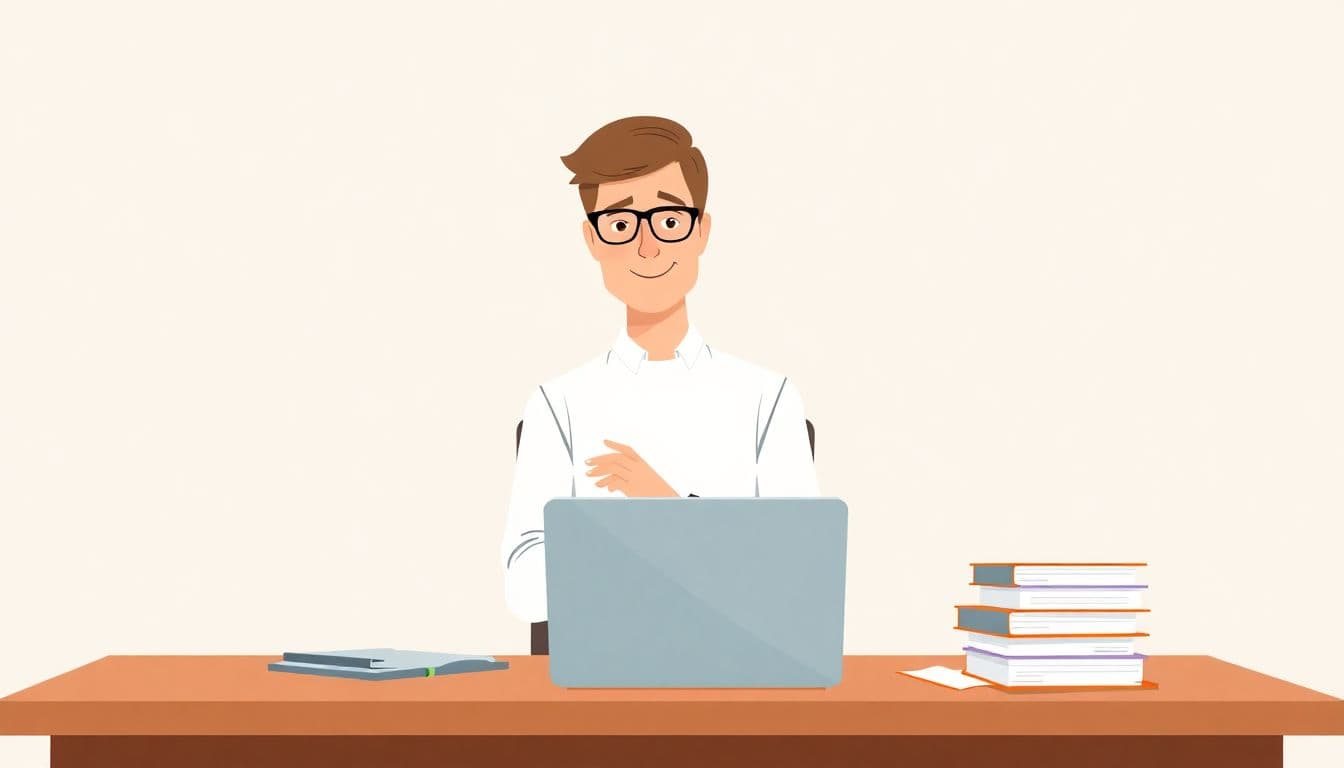 A confident author sitting at a desk with a laptop and a stack of papers in a minimalist, calm setting.