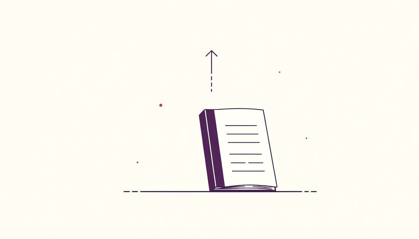 Minimalist illustration of a sleek publishing book against a simple background, featuring subtle upward arrows and abstract lines, conveying growth and branding in a modern, professional style.