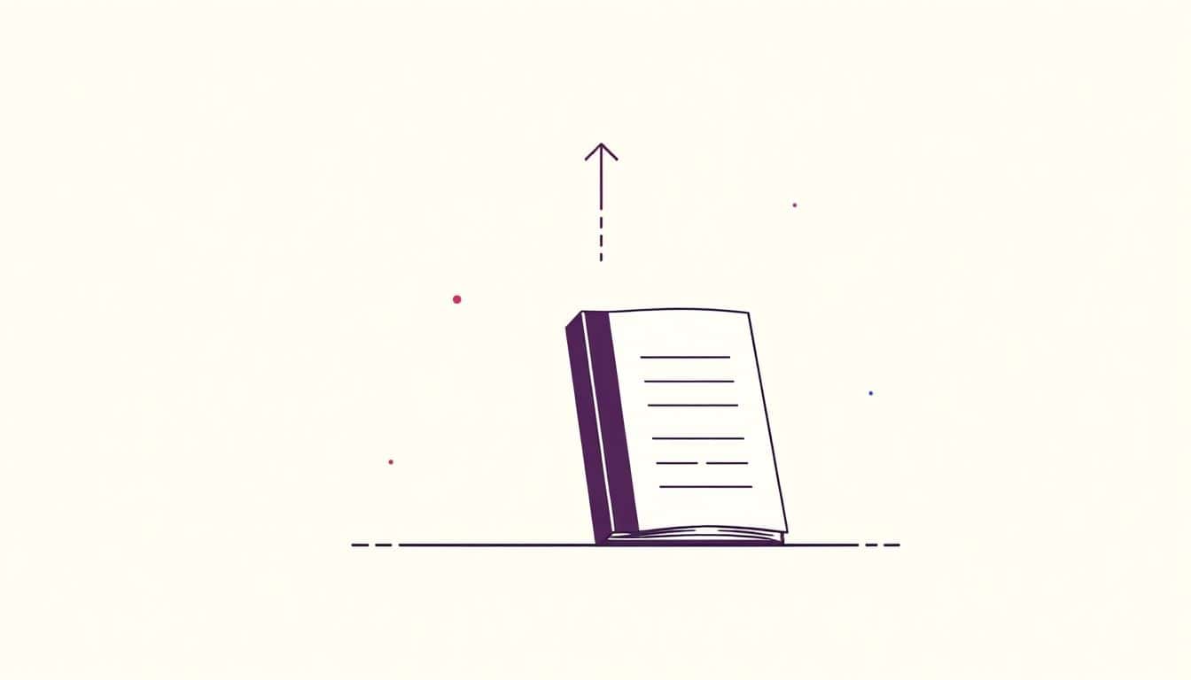 Minimalist illustration of a sleek publishing book against a simple background, featuring subtle upward arrows and abstract lines, conveying growth and branding in a modern, professional style.