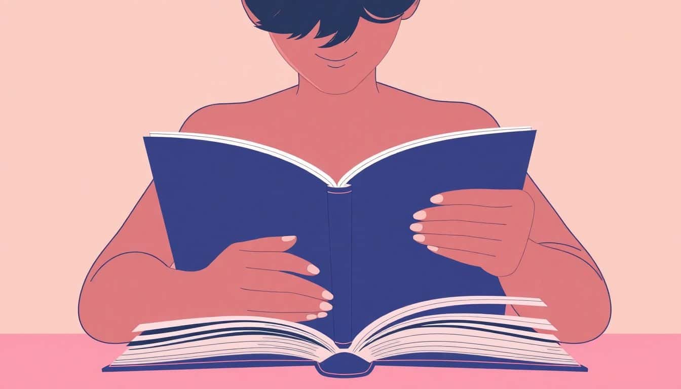 A person sitting calmly with an open storybook, reflecting thoughtfully against a warm, minimalist background.