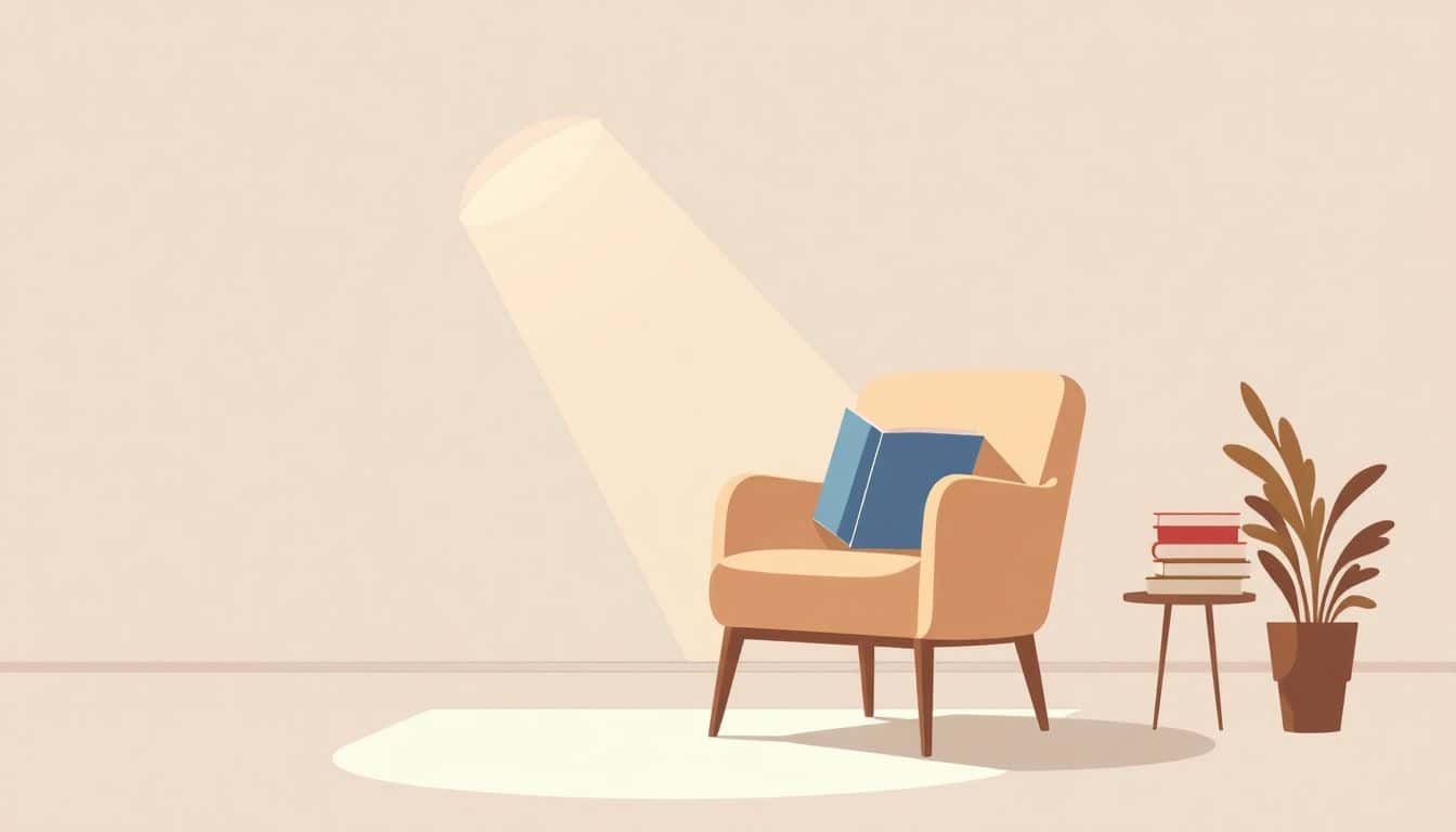 Minimalist illustration of a cozy reading scene featuring an elegant chair with a book, warm soft lighting, a small stack of books, and a gentle glow suggesting data insights.