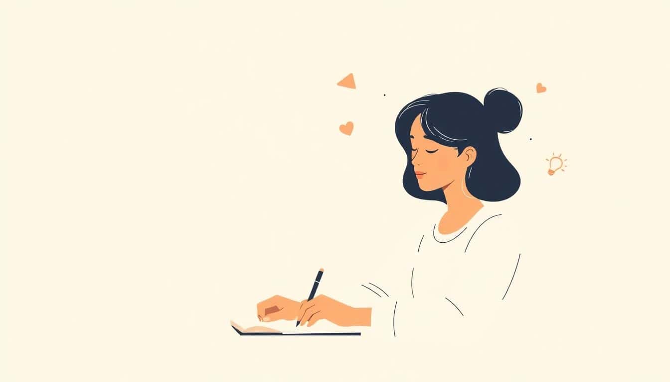 A person writing with subtle symbols of engagement like a speech bubble, heart, and lightbulb, set against a clean background in soft colors.