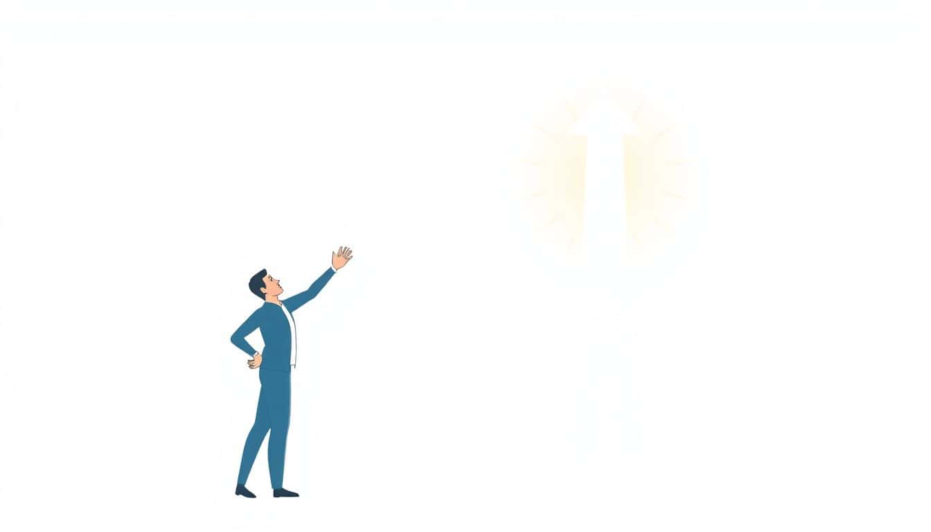 Minimalist illustration of a confident person reaching towards a shining upward arrow, symbolizing growth and success.