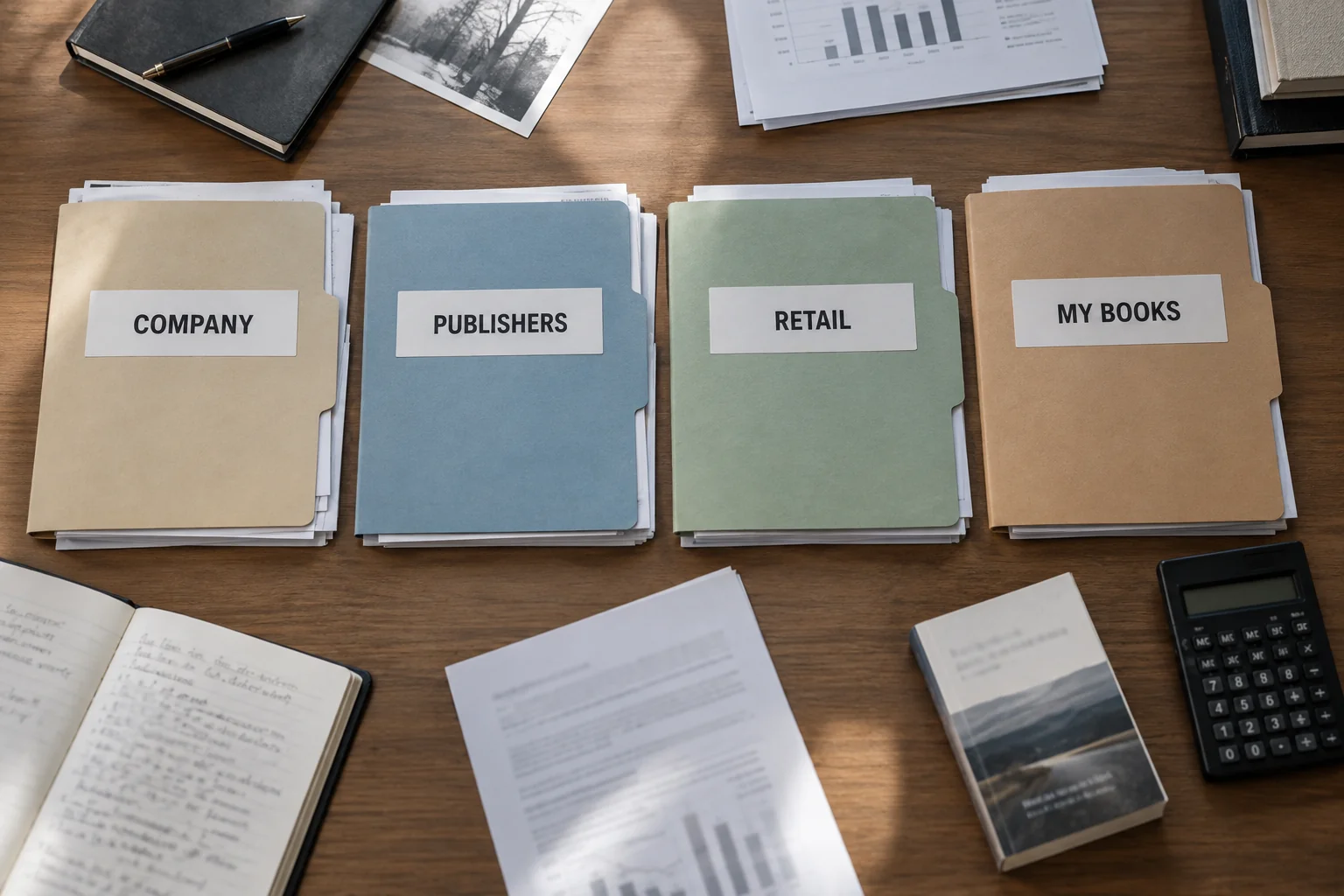 Four folders separating company, publisher, retail and author data