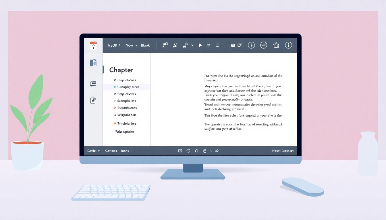 Interfaz del editor de eBooks con IA con capítulos y herramientas de formato