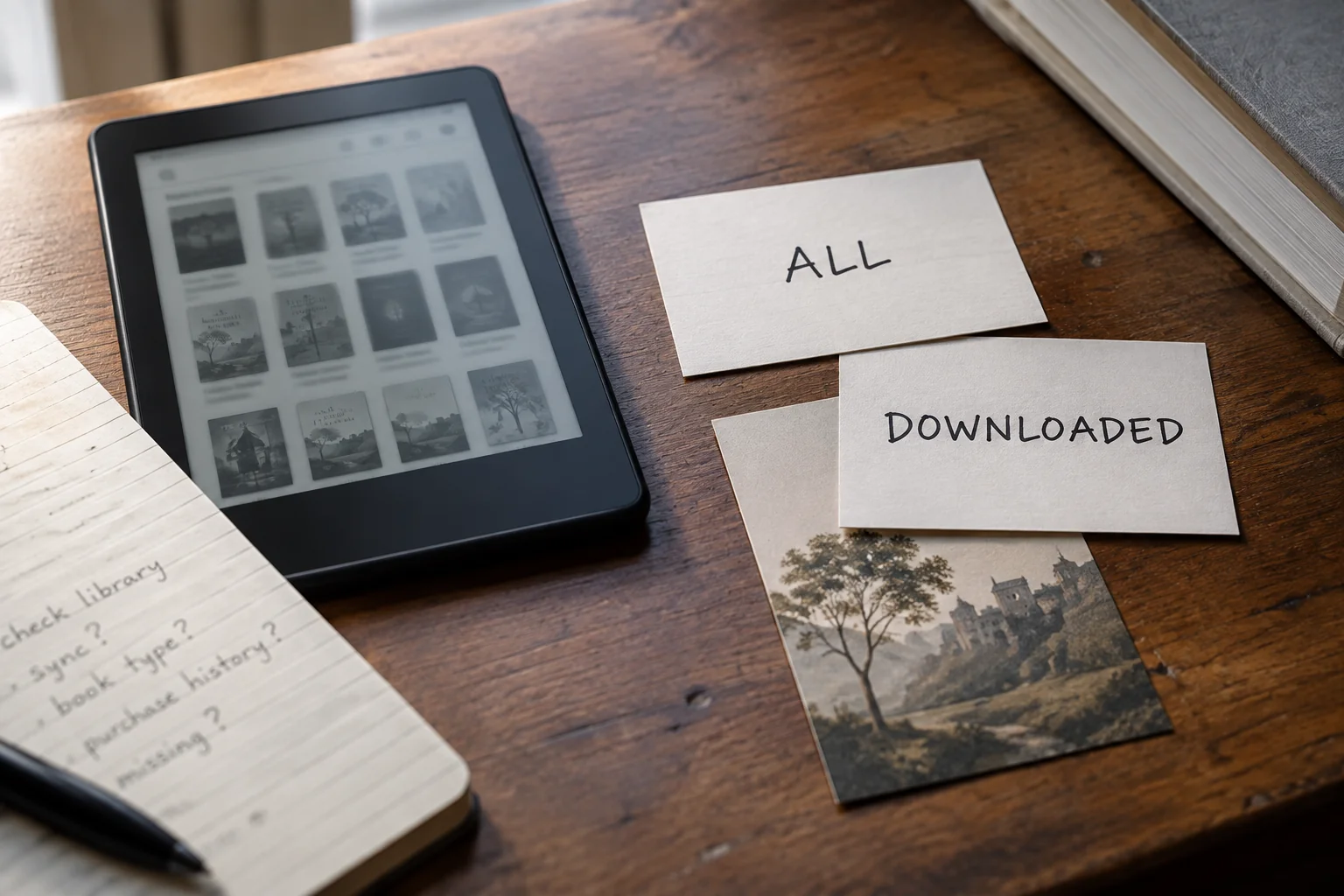 E-reader with All and Downloaded library-filter cards