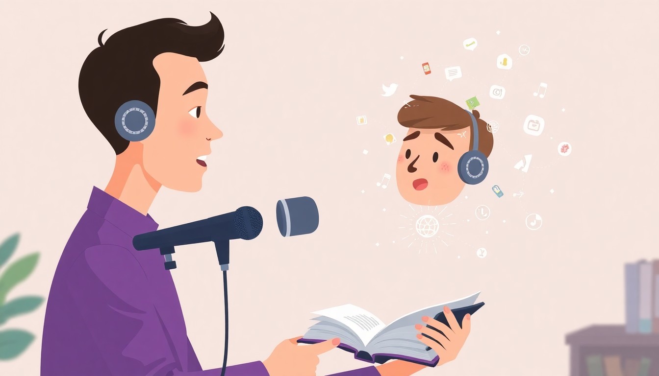 Person speaking into microphone with AI transforming speech into a book