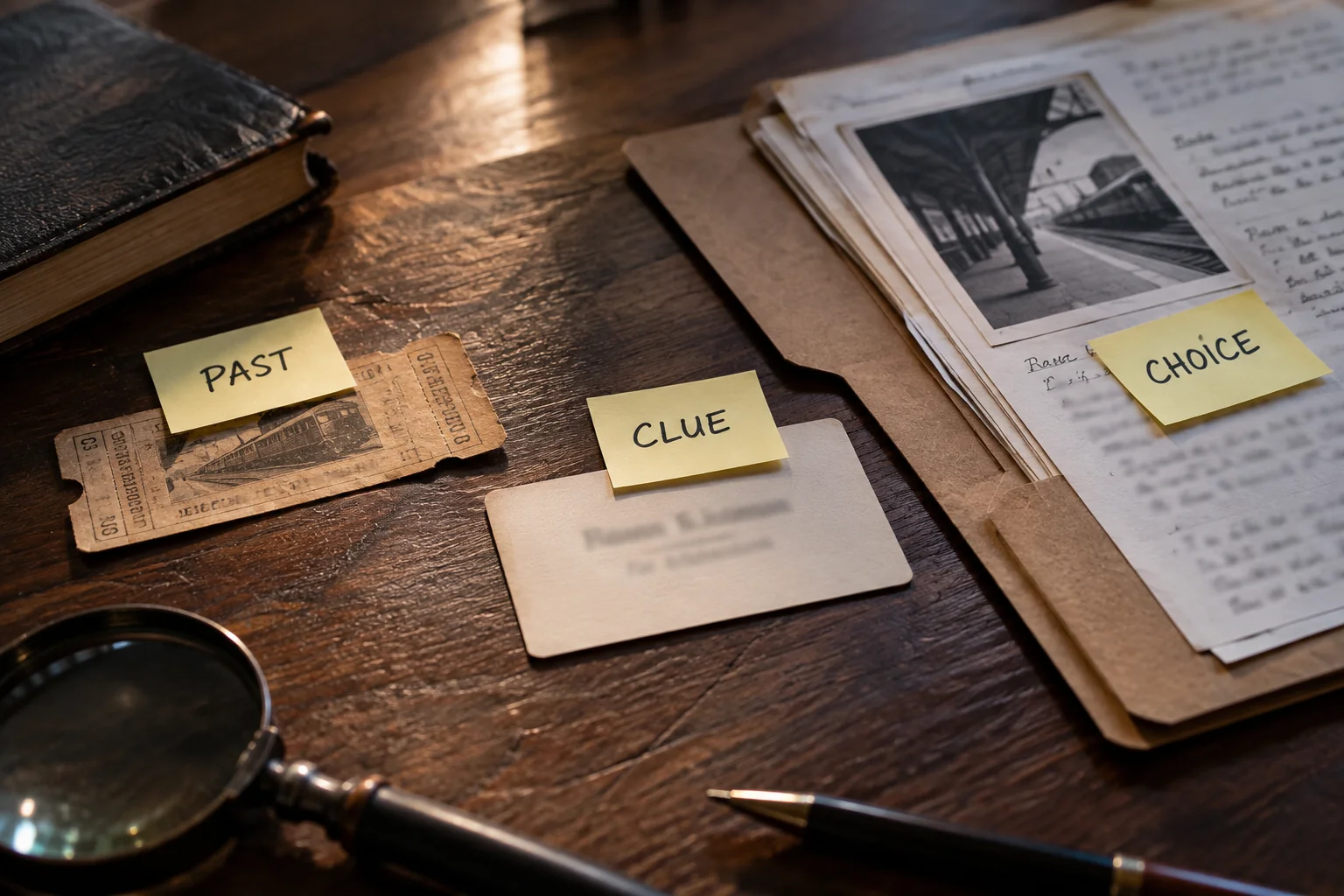 A ticket, note and station record are arranged beside cards labeled Past, Clue and Choice.