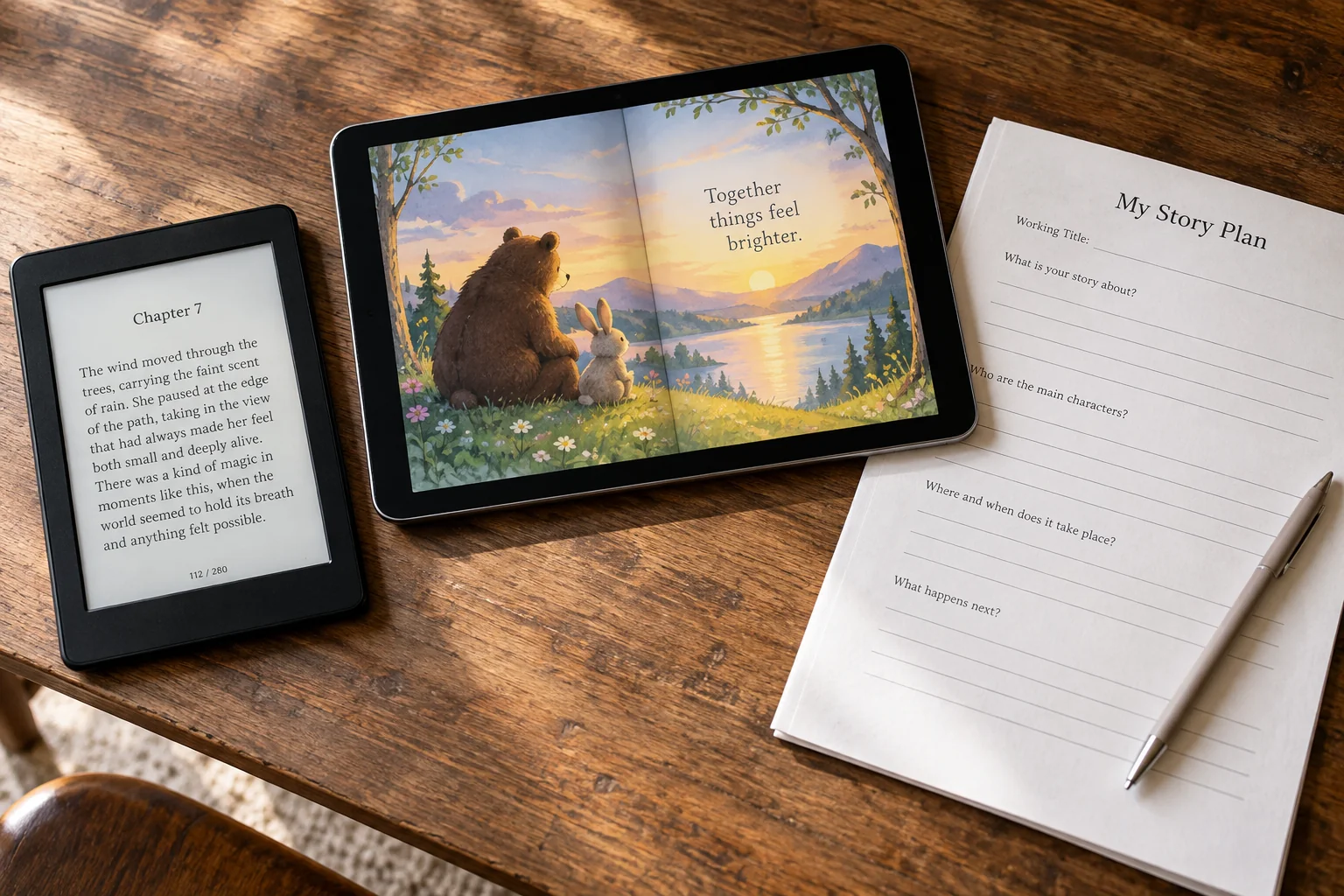 E-reader, illustrated tablet page and printable worksheet
