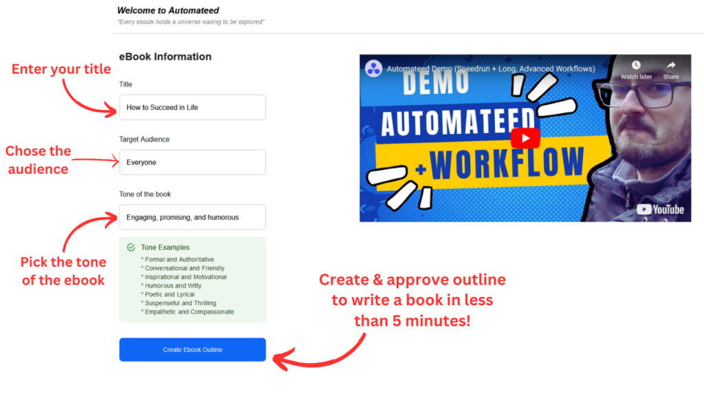 A screenshot of Ai ebook generating process with Automateed