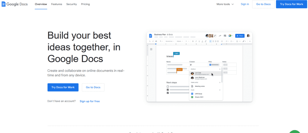 the screenshot of dashboard of Google docs