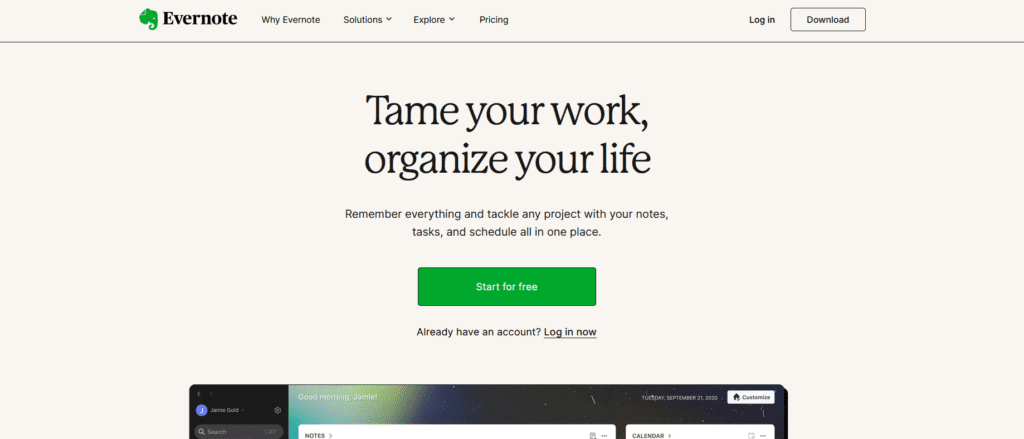 the screenshot of dashboard of evernote