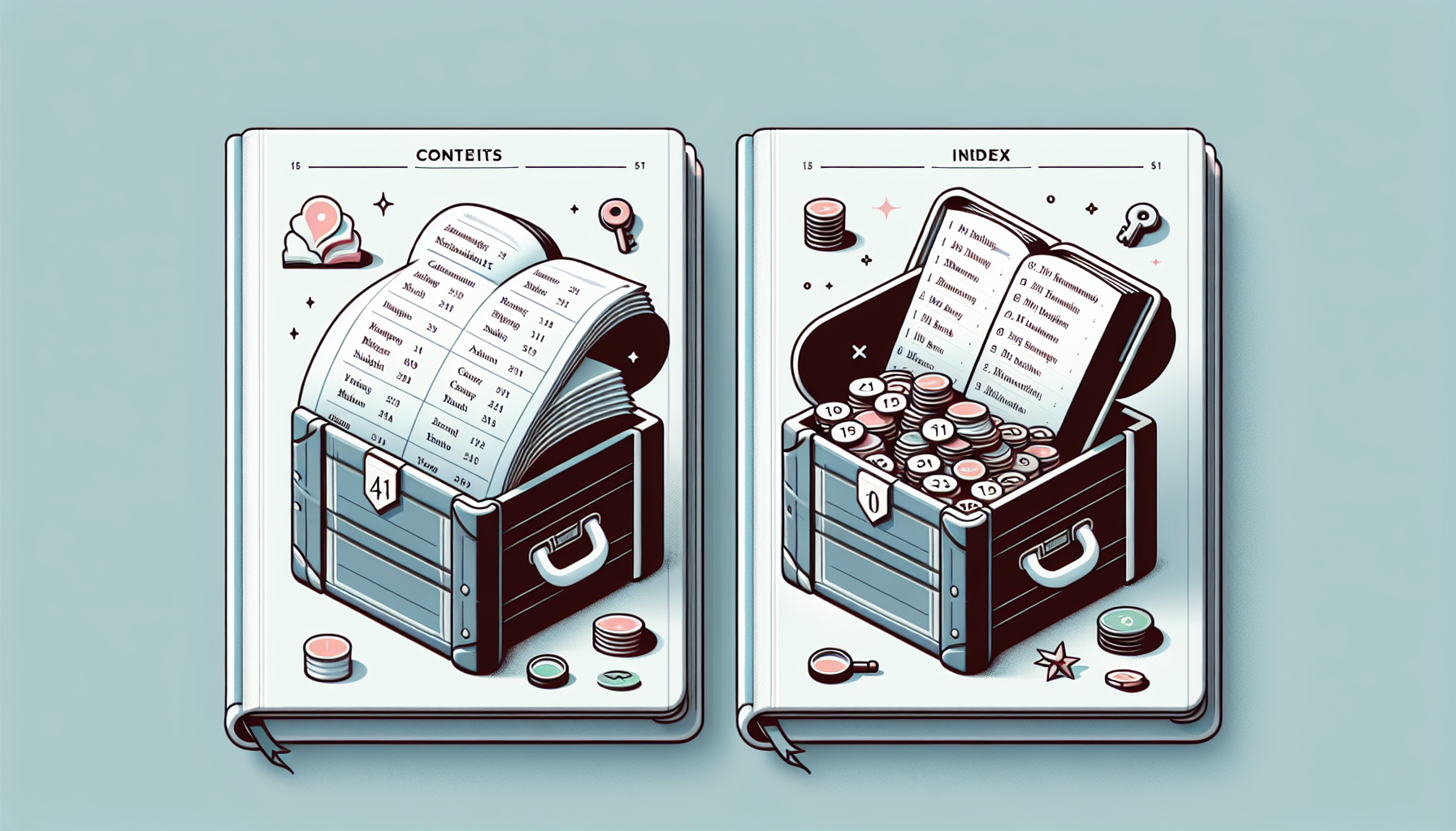 Minimalist book illustration: contents and index.